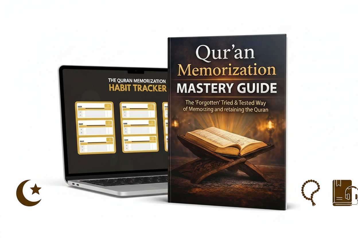 Book titled 'Qur'an Memorization Mastery Guide' by Abdullah Ashraf with a digital habit tracker on a laptop.